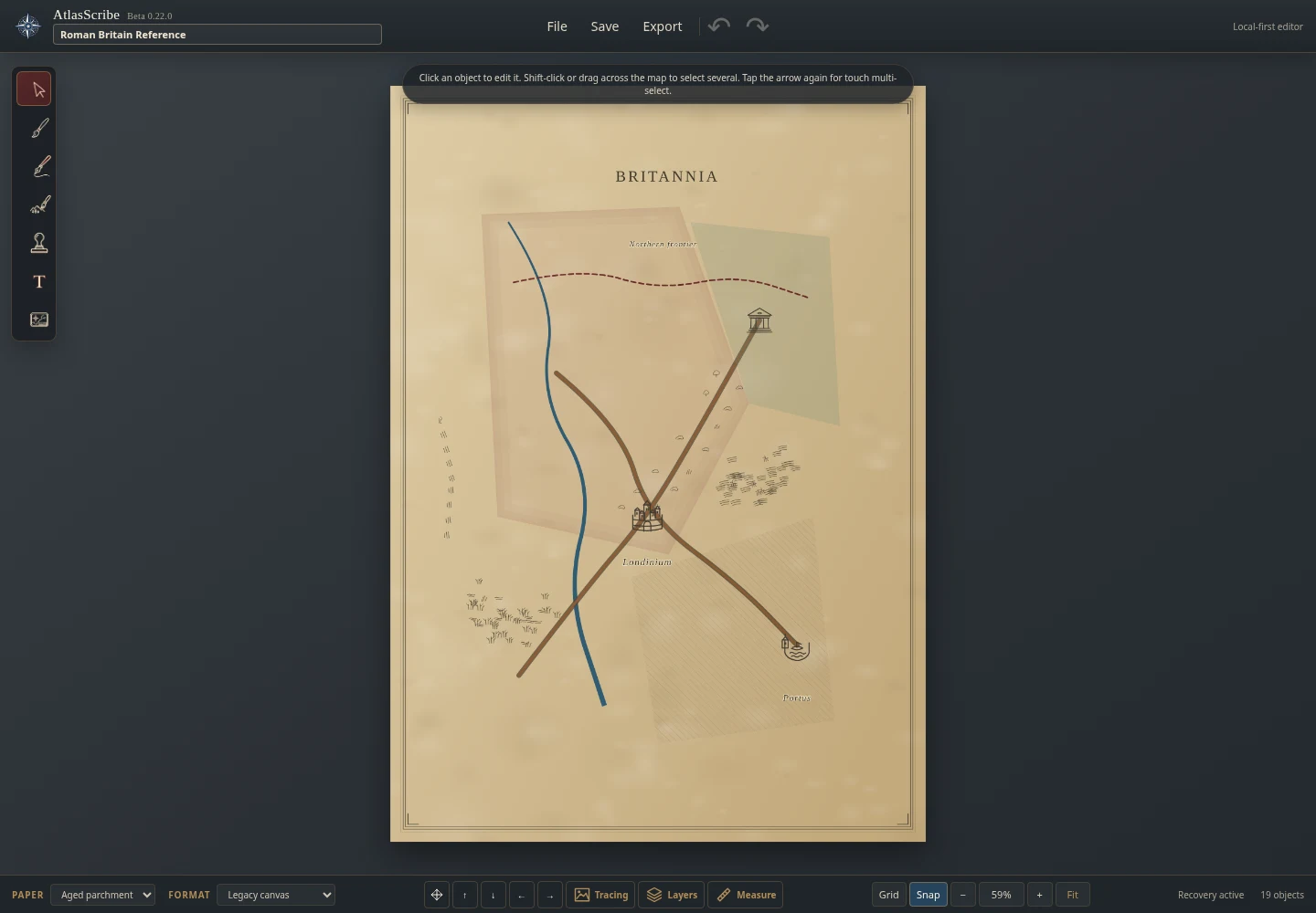 AtlasScribe Beta 0.22.0 editor showing the bundled Roman reference composition and mapping tools