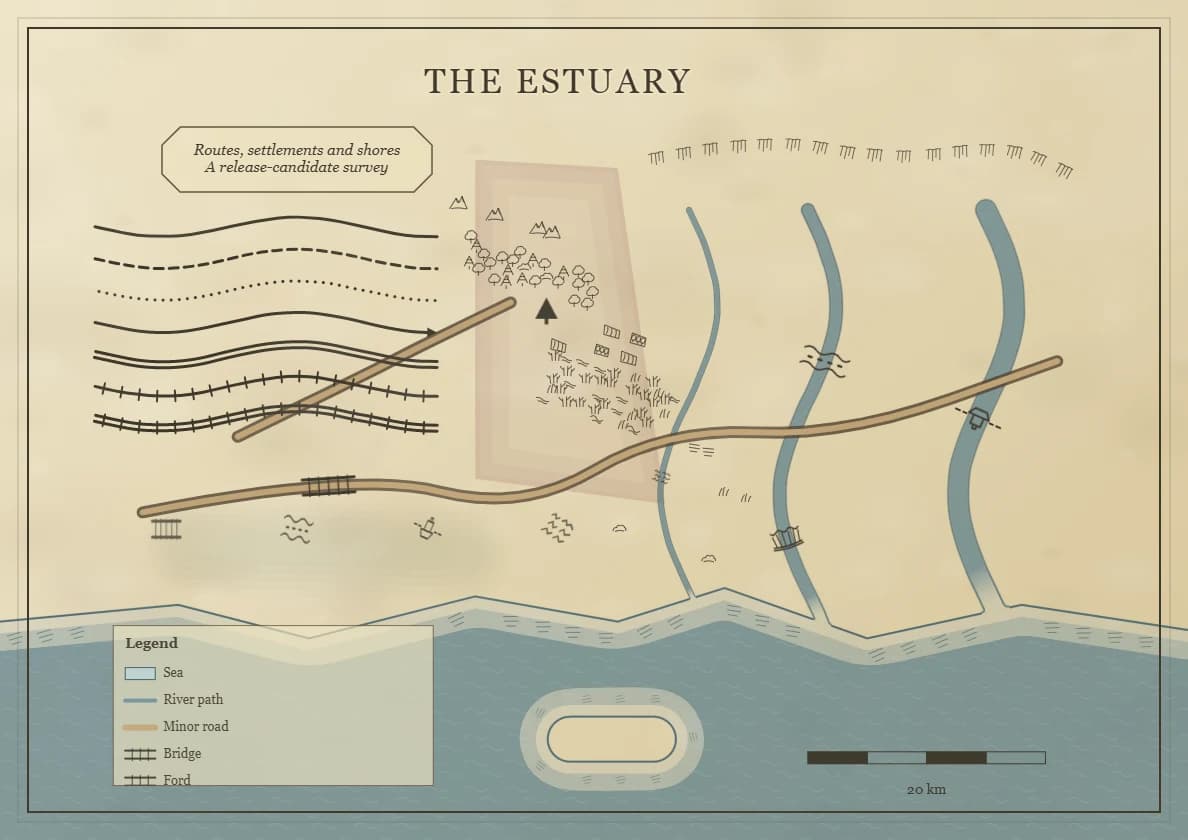 The Estuary: an AtlasScribe map with coastlines, rivers, routes, cartographic marks, a legend and scale bar
